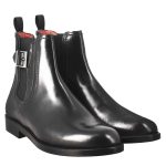 Stivaletto da donna liscio con tacco basso in pelle liscia colore nero con fibbia laterale Nero / 35