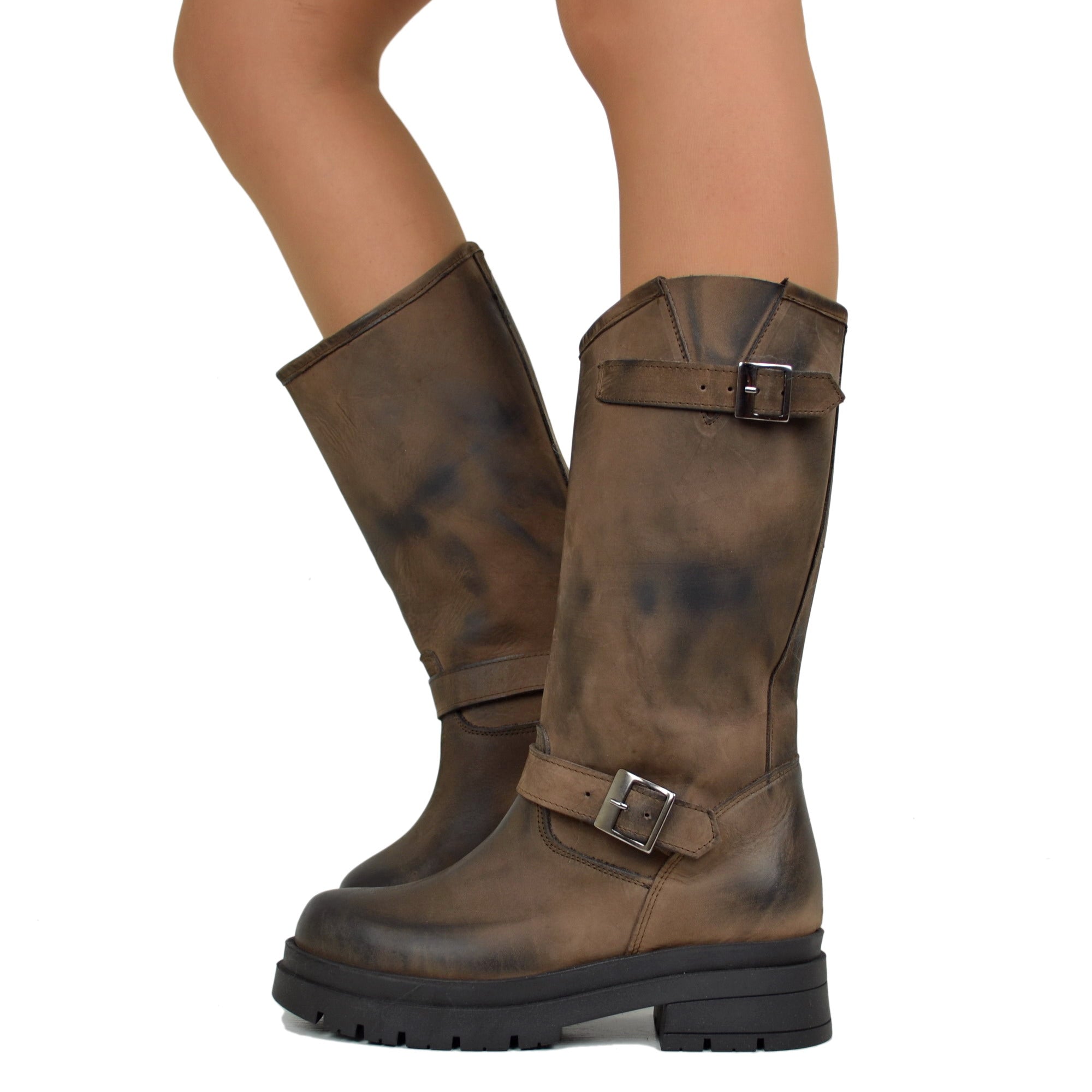 stivali-biker-472skl.jpg Stivali Biker Donna Marroni con Fibbie Regolabili Made in Italy - immagine 1