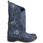 Biker Boots Stivali Donna Blu Mantra Due Fibbie Vera Pelle